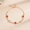 Pulseira de Trevo de Quatro Folhas Empilhada de Camada Dupla em Prata Esterlina S925 para Mulheres, Estilo Floresta, Temperamento Simples, Pulseira de Pulso, Pedra Ágata Vermelha com Joias Incrustadas de Diamante