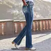 Jeans de ganga azul elástico com cintura média, rasgados e lavados, estilo europeu e americano, calças flares simples de corte justo