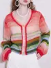 Nuevo Cardigan de Lana para Mujer Otoño e Invierno 2024, Nicho Chic, Cuello en V, Contraste de Color Arcoíris, Retro Chic, Manga de Farol de Gama Alta