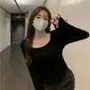 Camisa Básica de Manga Longa Lisa para Mulheres para Usar por Dentro e por Fora Tops Casuais Grandes com Decote em U Outono e Inverno Camisas Finas Femininas Roupas Femininas