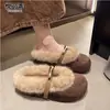 Couro Genuíno Solado Grosso Pés Quentes Cobertos de Pelo Meio Chinelos Feminino Uso Externo 2026 Inverno Novo Sapatos Birkenstock Plus Veludo Botas de Neve