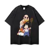 Camiseta de manga corta estilo callejero europeo y americano, acabado desgastado, corte holgado, camiseta con estampado de anime, manga larga