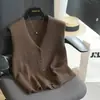 Colete de Gola V 100% Lã Merino Australiana para Mulheres, Cardigã de Tricô sem Mangas Versátil Casual Solto da Série Maillard