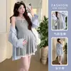 Maternidad 2025 Verano Nuevo Estilo Pequeño Mamá Caliente Ropa Exterior Encaje Chaleco Vestido Camisa Rayada Azul Conjunto de Dos Piezas