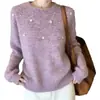 Tricô Pulôver de Design Resistente com Strass Embutido para Mulheres Outono/Inverno 2026 Suéter Elegante e Chique Gola Redonda Manga Longa