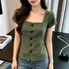 Top Cuadrado de Manga Corta Color Verde Militar para Mujer con Botones Únicos Estilo Casual, Inspirado en el Diseño de Verano 2026