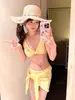Biquíni Feminino Duas Peças Conjunto Coreano Ins Doce Menina Amarelo Claro Pura Desejo Estilo Férias na Ilha Roupa de Banho