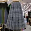 Falda de Pastel con Lentejuelas Nueva de Otoño e Invierno, Elegante Falda de Gasa en Capas, Falda de Longitud Media de Hada, Falda Larga de Malla de Cintura Alta en Línea A