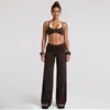 Conjunto de yoga transfronterizo con cuello halter, diseño de dos piezas falso, tirantes ajustables, chaleco deportivo de secado rápido y conjunto de pantalones largos para correr y fitness
