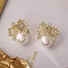 Pendientes Florales de Perlas Coreanos y Japoneses, Lujo Ligero, Artesanía Pesada, Pendientes con Circonita Microincrustada, Pendientes Elegantes Versátiles de Gama Alta para Mujer