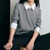 Em estoque fabricantes atacado intelectuais gola de retalhos abertura nas costas fecho de botão elástico falso dois em um blusa de suéter de manga comprida feminina
