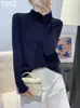 Suéter de punto de color liso suave y sencillo con cuello medio alto para mujer, Novedades de otoño, Top básico casual cálido de corte ajustado como capa base