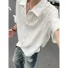 Camisa polo masculina de manga curta com padrão de losangos vazados estilo coreano, roupa casual de verão, camiseta de tricô com textura "old money", manga meia-manga