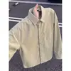 Camisa masculina de manga longa 100% algodão na cor castanha, camisa retro estilo japonês outonal com lapela, peça de outer wear com estética "old money"