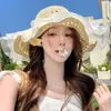 Sombrero de Paja con Encaje para Mujer de Ala Ancha Transpirable de Verano Sombrero de Sol para la Playa Cubre Cara Completa Parasol Sombrero Protector Solar Moderno
