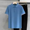 Camisa Polo Masculina Casual de Negócios Estilo Britânico Tendência Gola Ice Silk Manga Curta Camiseta de Verão com Gola Manga Meia