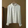 Camisa Branca de Seda com Bordado Pesado Feminina Stretch Georgette Duplo Gola Alta Babado Elegante Camisa de Seda Amora
