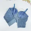 Bustier corsé estilo europeo y americano con varillas de pez, cadena de pedrería y copa incorporada, adecuado para actuaciones de hip-hop y rock, se usa sobre tirantes de mezclilla