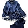 Pijama Feminino Europeu e Americano Transfronteiriço Manga Longa Confortável Cor Sólida Seda Gelada Cetim Renda Sexy Seda Artificial Robe Externo Roupa de Casa