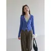 Suéter abrigo de manga larga con diseño azul estilo coreano, botones, cuello en V, ropa interior de otoño, camisola, pantalones de pierna ancha, conjunto de tres piezas