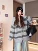 Cárdigan de Punto Talla Plus con Rayas de Bloques de Color, Ajuste Holgado Versátil, Popular Chaqueta Suéter Estilo Coreano Pesado de Otoño e Invierno para Mujer