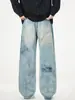 Jeans de Moda para Hombre Muqiu, Tendencia Retro Americano, Lavado, Estampado de Graffiti Rayo, Pantalones Largos Sueltos de Pierna Ancha para Hombre