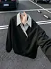 Sudadera de manga larga con cuello de camisa patchwork falso de dos piezas para hombre, marca nueva y moderna con un toque de alta gama, cuello tipo polo, ropa elegante y de corte holgado para hombre