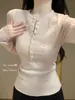 Suéter de Punto con Trenzas de Manga Larga Abotonado con Cuello en V Semiabierto para Mujer, Top de Punto Chic Ajustado para Otoño e Invierno que Realza la Figura