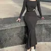 Saia longa de cintura elástica estilo preguiçoso com fenda, novidade de início de outono, modeladora, fluida, cintura alta, design versátil e elegante de sereia