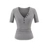Camiseta de Manga Corta Versátil para Mujer, Ajustada, con Botones Elegantes y Atractivos, Cuello en V, Hombro Normal, Ceñidor de Cintura, Verano 2025