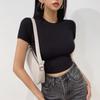 Camiseta básica de manga corta con cuello redondo pequeño, color liso, ajustada, elástica, estilo occidental, para mujer, novedad de verano