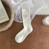 Calcetines de tubo para mujer con lazo bordado, color sólido, estilo simple ins, doble aguja sin costuras, calcetines para niña de rayas verticales apilados