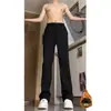 Calças Pretas Estilo Americano Cleanfit, Comprimento Estendido para Pessoas Altas, Calças Forradas com Fleece para Homens, Silhueta Fluida, Calças Casuais de Corte Reto
