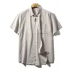 Camisa Casual de Manga Curta com Lapela e Bolso na Aba Cor Sólida Respirável Confortável Calça de Linho e Algodão Camisa de Linho e Algodão Manga Curta 8717