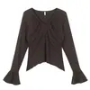 Top Asimétrico Retro de Cuello V con Pliegues y Mangas de Campana Estilo Primavera Talla Grande para Mujer Camiseta Ajustada 65477
