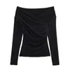 Roupas Femininas Estilo Europeu e Americano 2026 Primavera Novo Estilo Gola com Dupla Prega Top Sexy com Ombros à Mostra e Pregas Cor Lisa Slim Fit Camiseta Manga Longa