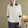 Foto real de camisa casual japonesa de algodão e linho, listrada, de corte solto, estilo vintage