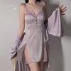 Guiruo Pijama Talla Grande de Seda de Hielo sin Espalda Escote en V Profundo con Almohadillas para el Busto Fruncido Camisón con Tirantes Bata Exterior Conjunto para Estar en Casa C4424