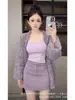 Jaqueta Suéter Roxa Estilo Coreano para Mulheres no Outono e Inverno, Cardigã Tricotado Solto de Comprimento Médio, Preguiçoso e de Alta Qualidade
