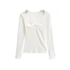 Camiseta de Manga Larga Cuadrada con Tirantes Cruzados, Moderna y Elegante para Mujer, Nuevo Modelo de Primavera, Versátil Camisa Base de Color Sólido Ajustada