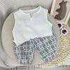 Conjunto de Colete de Algodão Artístico ~ Roupa Infantil Coreana de Algodão Bambu Solta Casual Calça Bloomers Colete Conjunto de Duas Peças