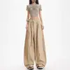 Pantalones Casuales de Tiro Alto Grises Oscuros con Cintura de Cordón para Mujer, Pantalones Largos Fluidos de Primavera Otoño, Pantalones Deportivos Sueltos de Pierna Ancha, Pantalones de Longitud al Suelo