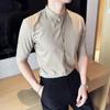 Camisa de Verano para Hombre Live Source con Cuello de Raya Oscura, Moda de Manga Media, Corte Ajustado, Camisa Duffian Atractiva para Hombre
