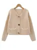 Moda femenina transfronteriza marca independiente europea y americana color liso de un solo botón con doble bolsillo chaqueta corta de punto grueso top para mujer