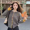 Cárdigan de Punto Bordado Gris Estilo Tweed Contraste Nuevo para Principios de Otoño Suave y Versátil Suéter Chaqueta Básica de Cuello Redondo para Mujer