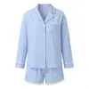 Pijama Curto Listrado Azul de Manga Longa com Renda Conjunto de Duas Peças 2026 Novo Europeu e Americano Primavera e Verão Roupa de Casa Transfronteiriça