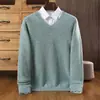 Outono e Inverno Novo Suéter Masculino Gola V Liso Lã Pura Solto Espessado Casual Business Cor Sólida Caxemira Suéter Base
