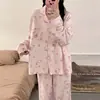 Pijama Completo Estilo Princesa Rosa Desenho Animado Conjunto Manga Longa Calça Longa Primavera e Outono Estilo Menina de Alto Valor Roupa de Casa