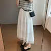 Saia Longa Estilo Bolo Romântica Francesa com Renda em Patchwork Linha A para Mulheres, Cintura Alta com Efeito Emagrecedor, Comprimento Médio Estilo Verão para Mulheres H051314