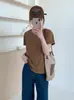 Ying+ Treze Linhas Cor Sólida Simples Manga Rebatível Floco de Neve Algodão Camiseta Gola Redonda Emagrecedora Versátil Manga Curta M36-445 Versão Lisa